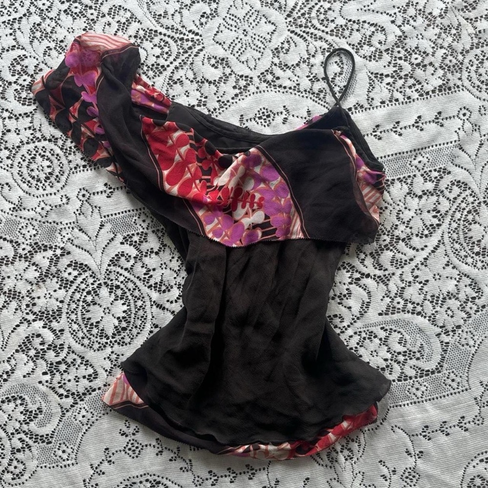 Vintage Ted Baker Floral Brown and Purple Asymmetrical Ruffle Camisole Tank Top